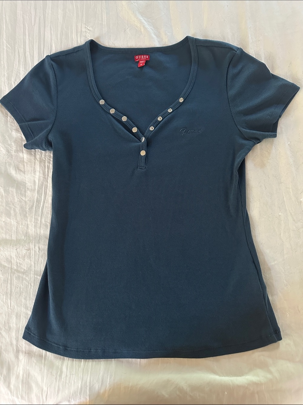 Guess Dark Blue/Navy Short-Sleeve Ribbed Henley with Snap Detail